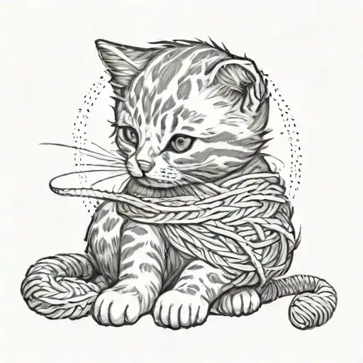 Sitting Kitten Playing With Ball Of Yarn From Behind