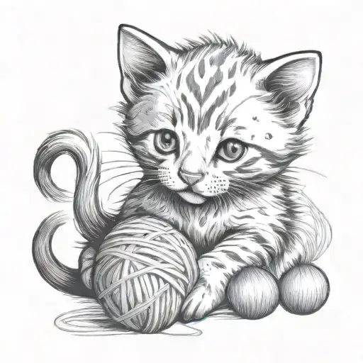 Sitting Kitten Playing With Ball Of Yarn From Behind