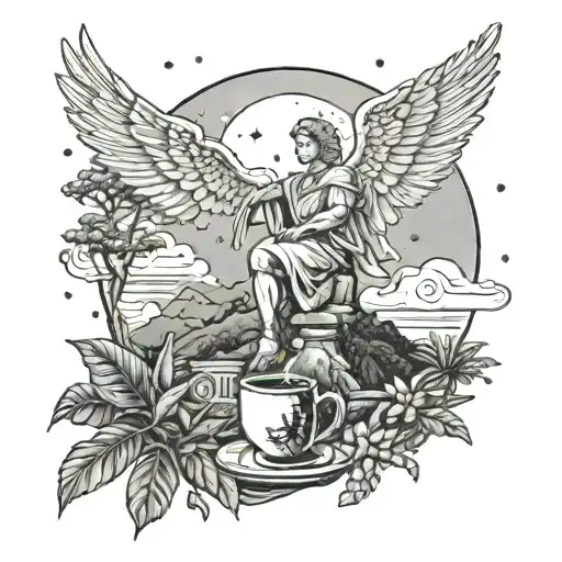 A Celestial Scene With An Archangel Overlooking A Coffee Plantation Where A Scout Camp Is Set Up