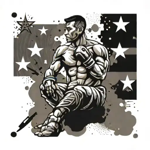 An Abstract Representation Of A Muay Thai Fighter Surrounded By Military Symbols