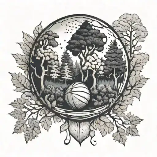A Forest Landscape Inside A Basketball With A Cellphone Hidden Among The Trees In A Dotwork Style