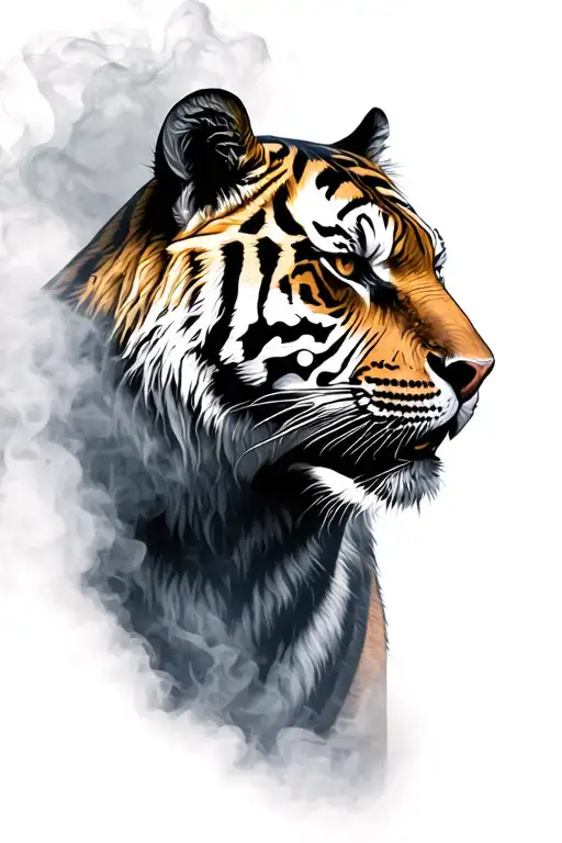 Tiger Head From Side View Surrounded By Smoke Fog