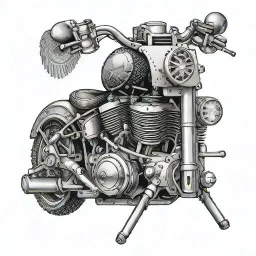 A Motorcycle Engine With Detailed Dotwork Shading And Graphic Design Accents