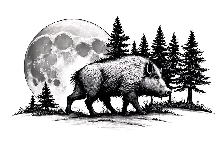 Pine Trees Full Moon Boar