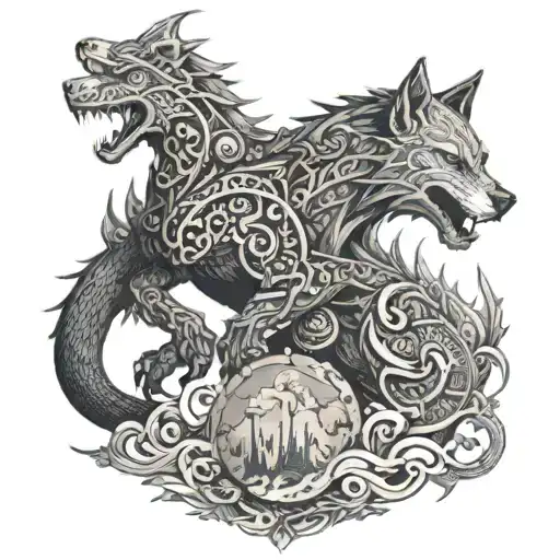 An Intricate Tattoo Of A Wolf Riding A Dragon Across A Landscape Of Video Game Symbols