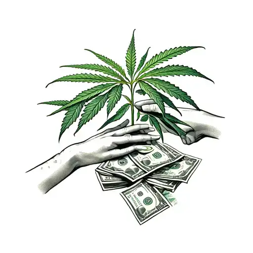 Weed Plant Growing From A Pile Of Money With Female Hands Reaching Out