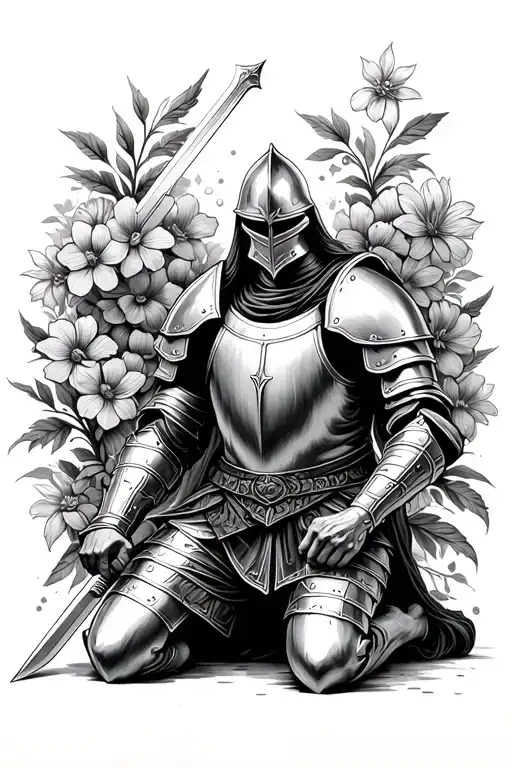 Knight Wearing Armor Of God Kneeling With Sword With Flowers In Background Tattoo