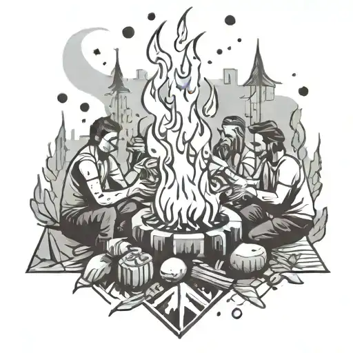 A Stylized Bonfire With Friends Laughing And Chatting Around It