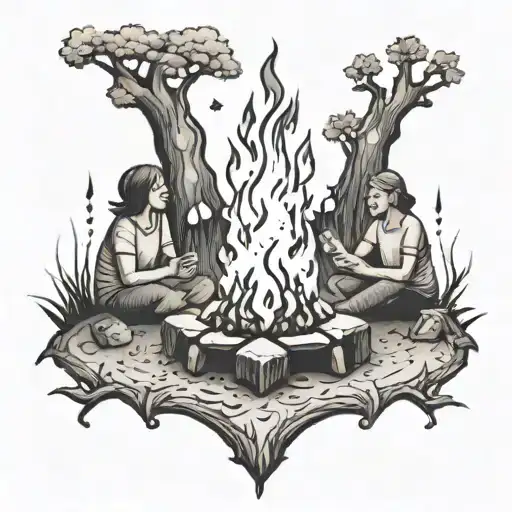 A Stylized Bonfire With Friends Laughing And Chatting Around It