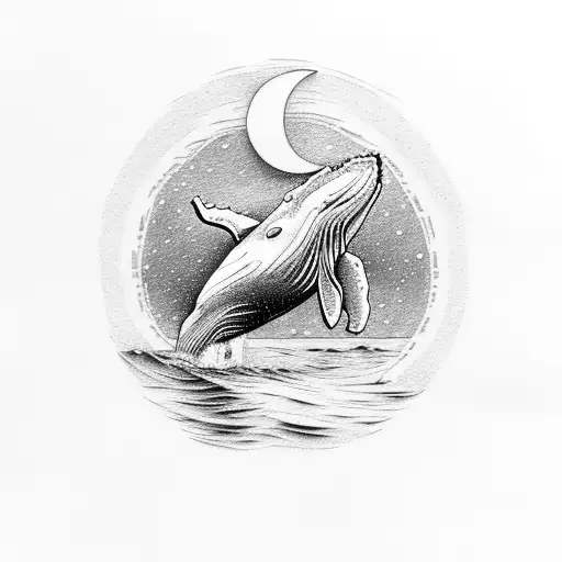 Humpback Whale Jumping Out Of Water With Moon In The Background