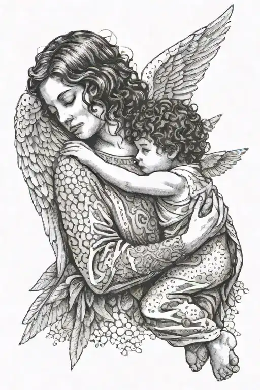 An Woman Angel Wraps His Wings Around A Little Boy
