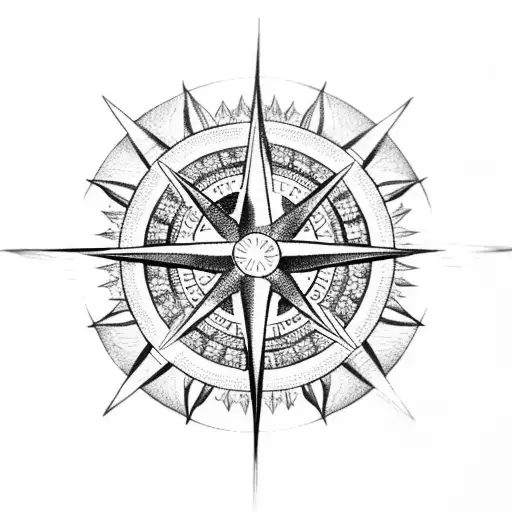 Dotwork Tattoo Of A Compass Rose Incorporating A Sanskrit Word For 'Inspiration'