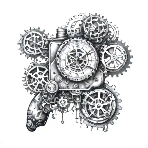 An Intricate Design Of Gears And Clock Hands Merging With Elements Of A Game Controller