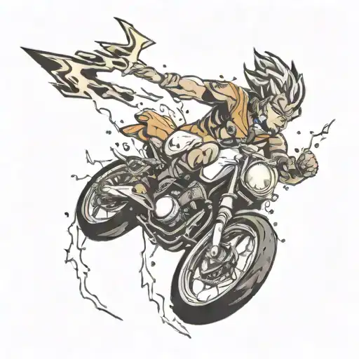 An Electrician-themed Tattoo Featuring A Suzuki Bike With Lightning Bolts And Son Goku's Power Aura