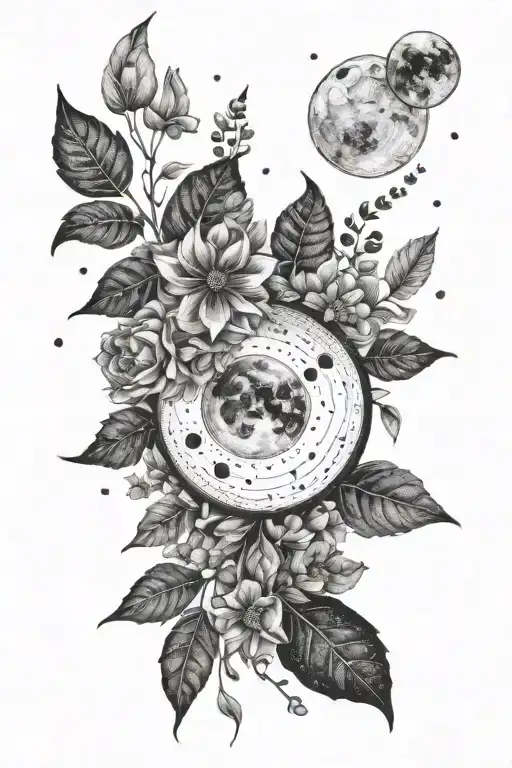 Moon Phases And Flowers And Leaves