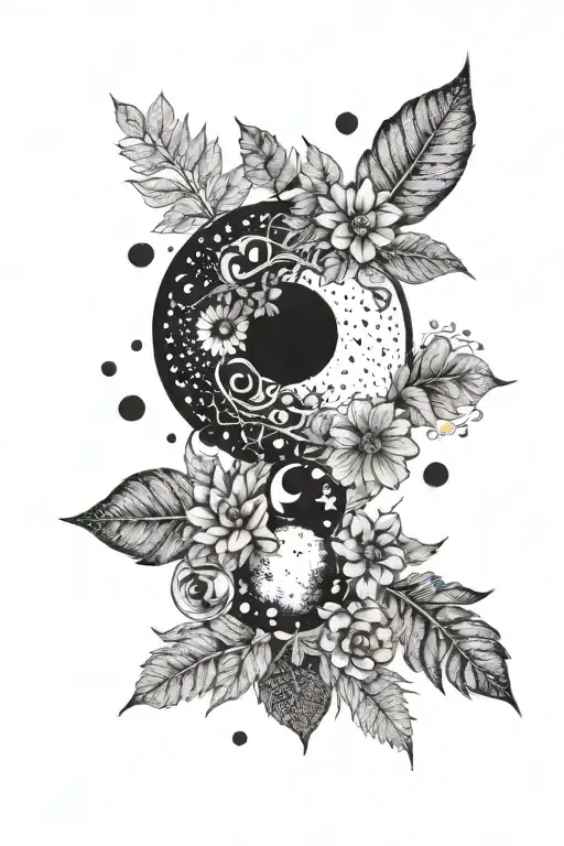 Moon Phases And Flowers And Leaves Around