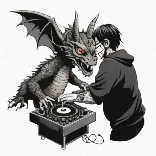 A Dragon Playing A Dj Set With Itachi From Naruto As The Mc In A Graphic Design Style