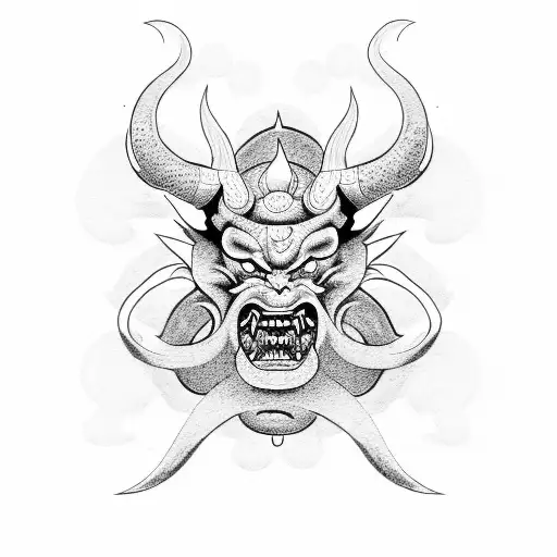 Design A Dotwork Tattoo Featuring A Demon Or Oni With Elements Of Japanese Art