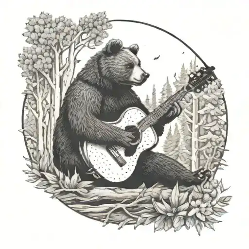 A Dotwork Tattoo Of A Bear Playing A Guitar In A Forest Setting