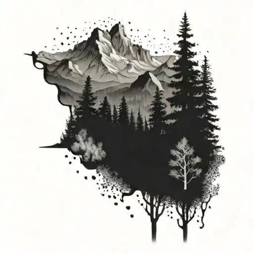 A Mystical Forest Landscape With Towering Mountains In The Background