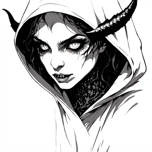 Create A Dark Demon With Female Features White Eyes And Sharp Teeth Wearing A Hooded Cloak