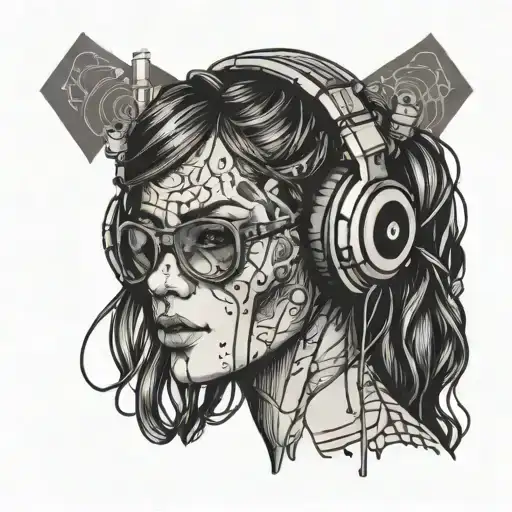 Cyberpunk Woman Tattoos Headphones Rave Music Cables Sexy Sunglasses