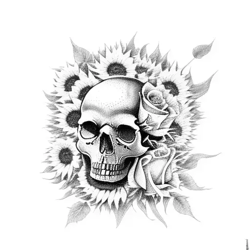 A Skull Surrounded By Sunflowers And Roses