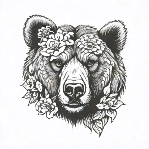 Bear Face With Peone Flower Blooming
