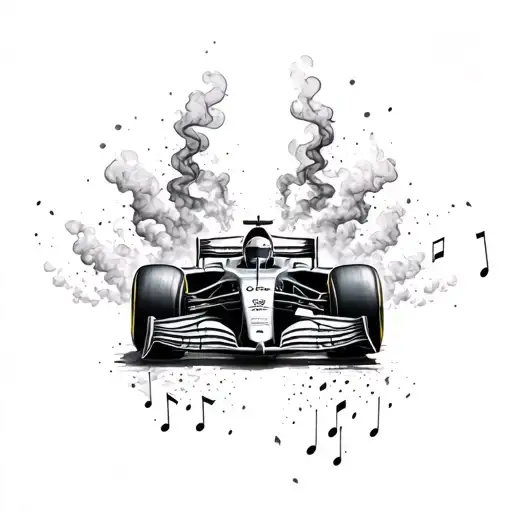 Design A Tattoo Of A Formula 1 Car With Music Notes Forming The Smoke From The Tires