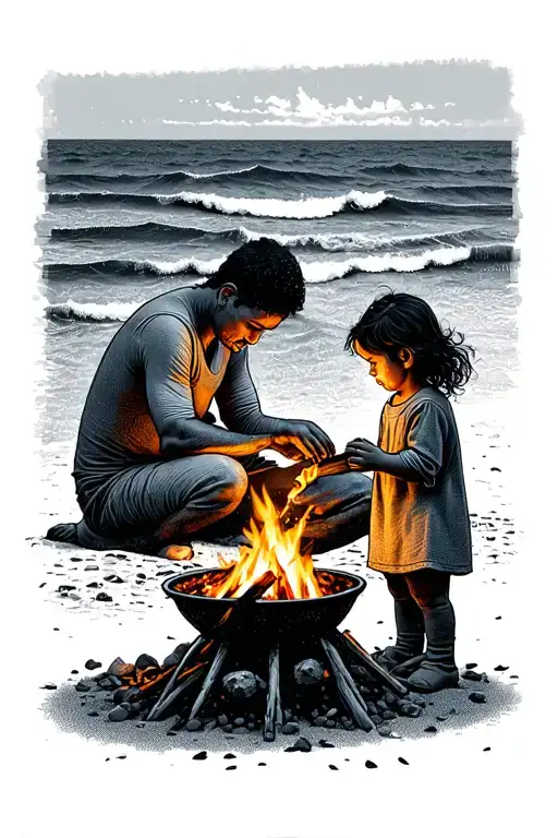 A Father And Child Roasting Marshmallows Over A Campfire By The Ocean