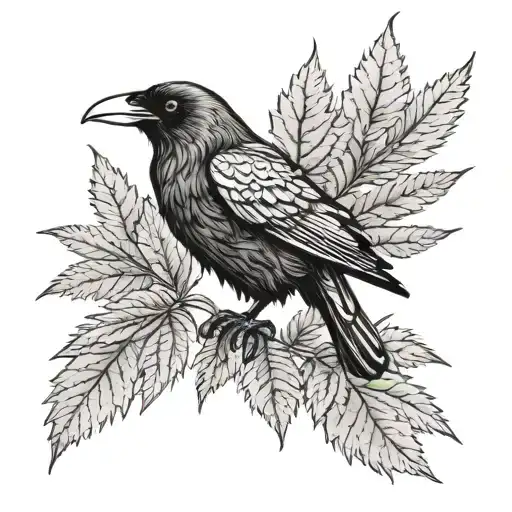 A Mystical Raven Perched Atop A Cannabis Leaf In A Dotwork Style
