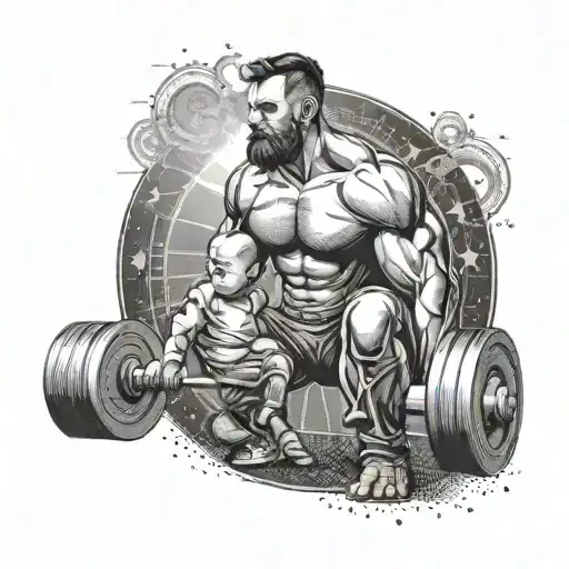 Create A Strong Man Lifting Weights With A Sun And Baby In The Background