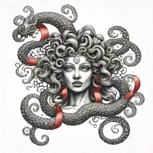 Medusa Gorgon With A Red Ribbon On Her Eyes