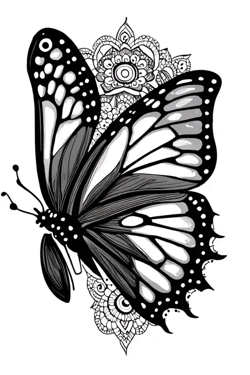 Flat Butterfly With A Mandala Wing And A Fragmented And Detached Wing