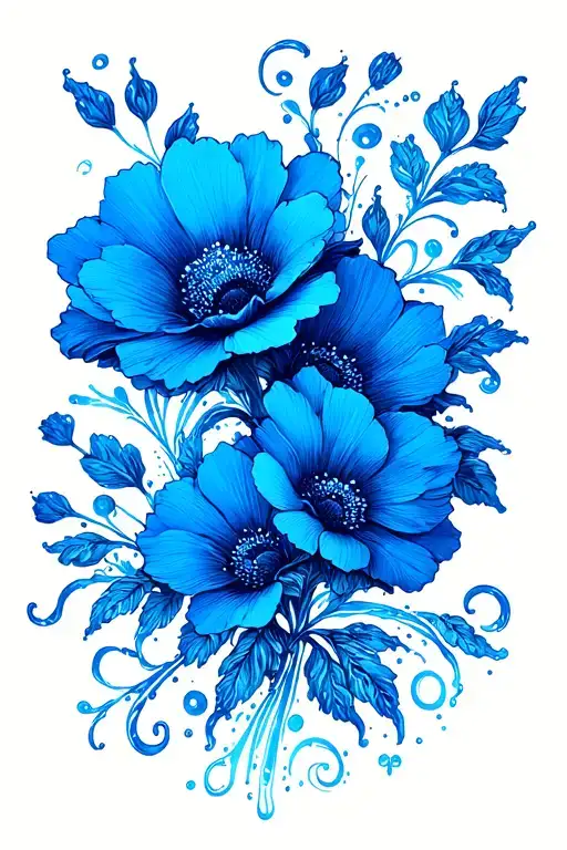 Blue Only Porcelain Tattoo With Big Blue Flowers And Squiggly Water Like Lines In-between Sleeve