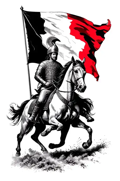 Polish Hussar Warrior On A Horse With Polish Flag Intertwined