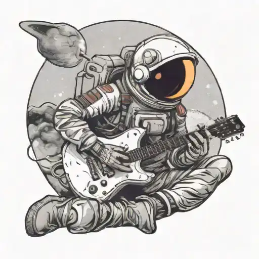 Astronaut Sitting In Moon Playing Guitar With Aliena