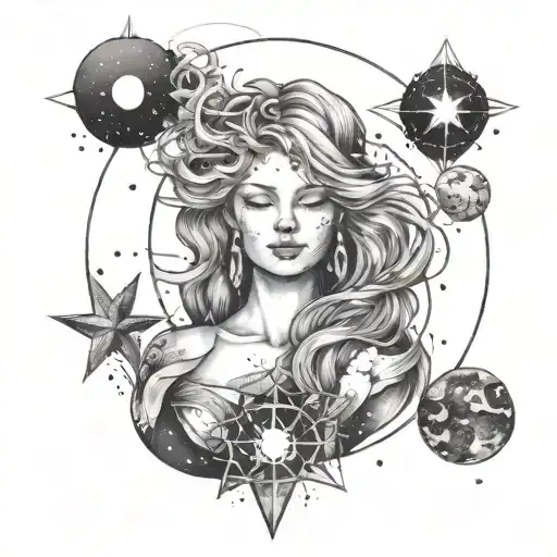 A Celestial Goddess Surrounded By A Galaxy Of Stars And Planets