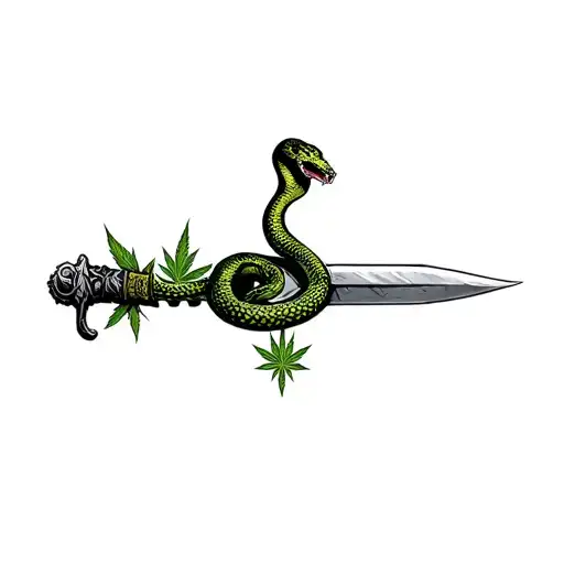 Snake Writhing On A Dagger And Marijuana Leaves