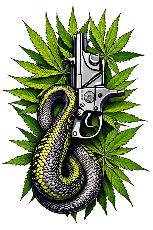 A Gun With A Snake Writhing In The Background Of Marijuana Leaves