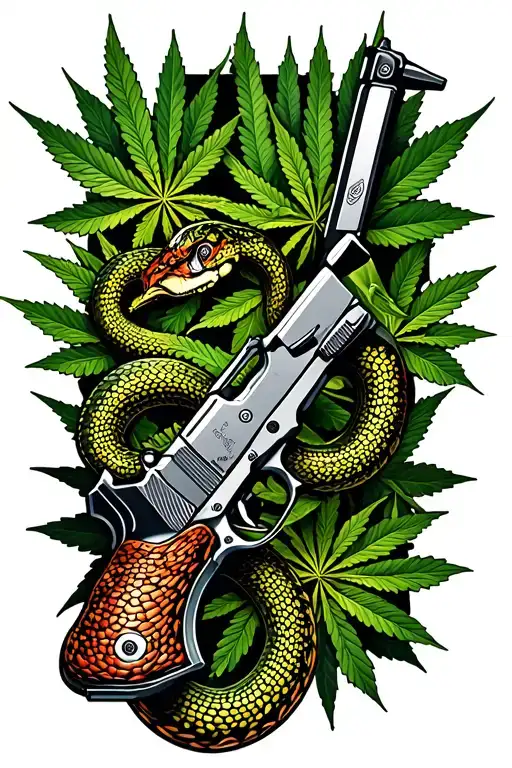 A Gun With A Snake Writhing In The Background Of Marijuana Leaves