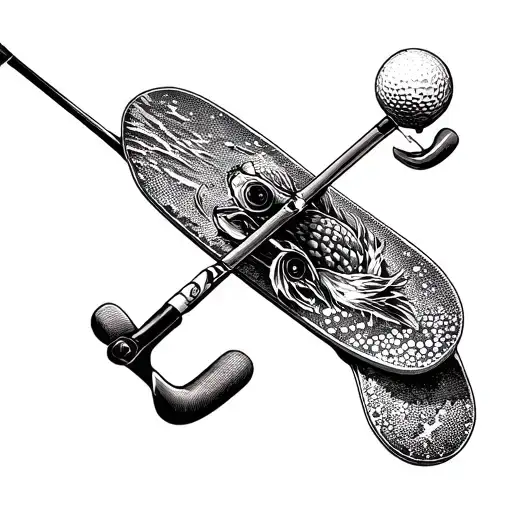 A Fishing Themed Tattoo With A Skateboard And Golf Club Intertwined