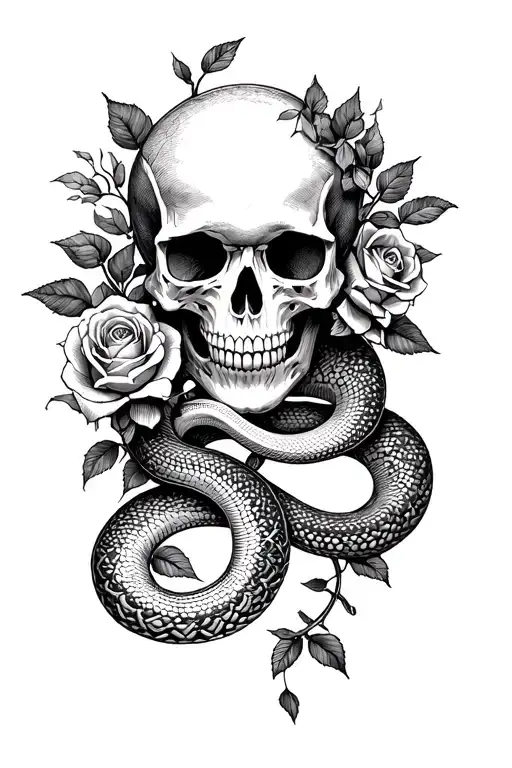 Skull With A Snake And Rose Vines Wrapping Around The Arm