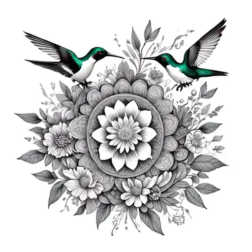 An Intricate Mandala Design Incorporating Hummingbirds And Various Types Of Flowers