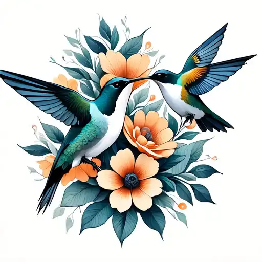 A Geometric Design Featuring Hummingbirds And Stylized Flowers Intertwined