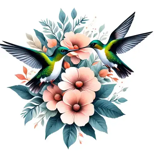 A Geometric Design Featuring Hummingbirds And Stylized Flowers Intertwined