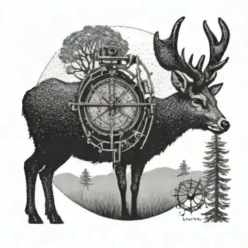 A Dotwork Tattoo Of A Deer Silhouette With A Rifle Scope Overlay