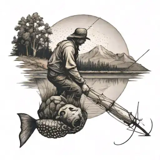A Dotwork Tattoo Of A Fisherman Casting A Line Into A Serene Lake