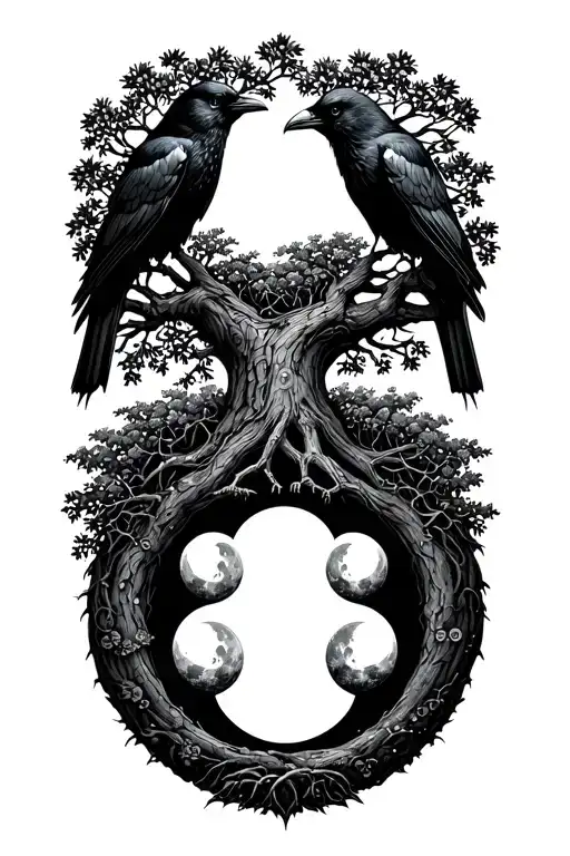 Tree Of Life With Two Crows In The Top Of The Tree And Hecates Moon Phases In The Trunk