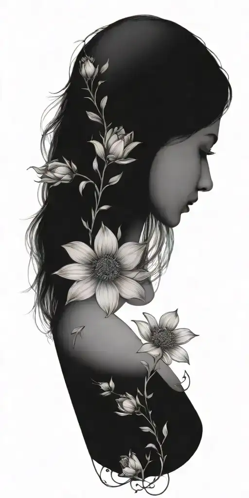 An Intricate Tattoo With A Vine Of Daisys Cosmos Flowers And Roses